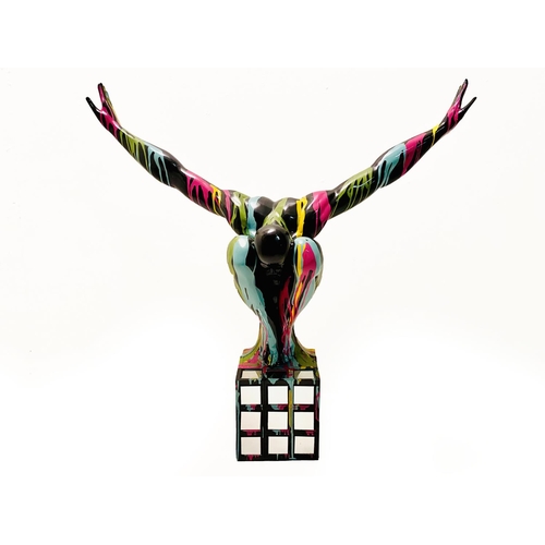 317 - CONTEMPORARY SCHOOL DIVER SCULPTURE, painted splatter finish resin mirrored detail to base, 81cm H x... 