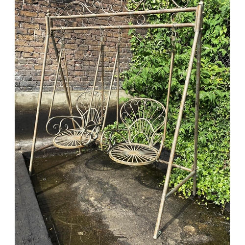 321 - ARCHITECTURAL GARDEN SWING, Regency style, wrought metal with a faux verdegris finish, 220cm H x 180... 