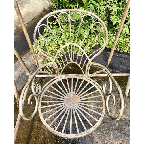 321 - ARCHITECTURAL GARDEN SWING, Regency style, wrought metal with a faux verdegris finish, 220cm H x 180... 