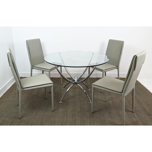 323 - DINING SET, including table 110cm diam x 74cm, and four chairs, 97cm H each. (5)