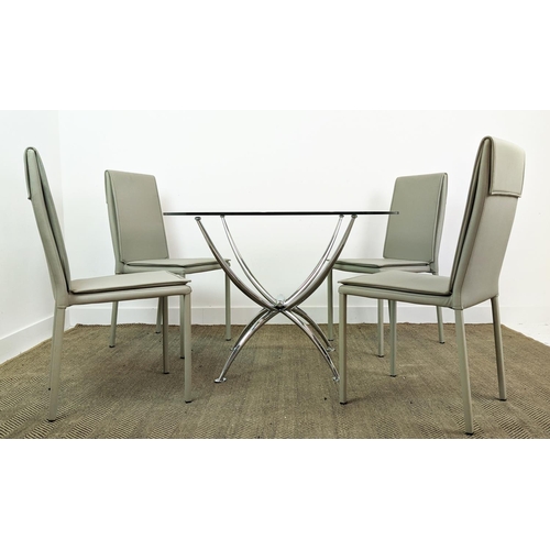 323 - DINING SET, including table 110cm diam x 74cm, and four chairs, 97cm H each. (5)