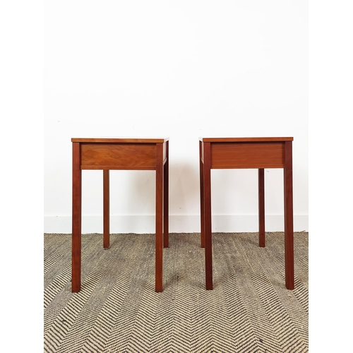 326 - PORADA SIDE TABLES, a pair, with single drawers and leather pull handles, 65cm H x 39cm x 51cm. (2)