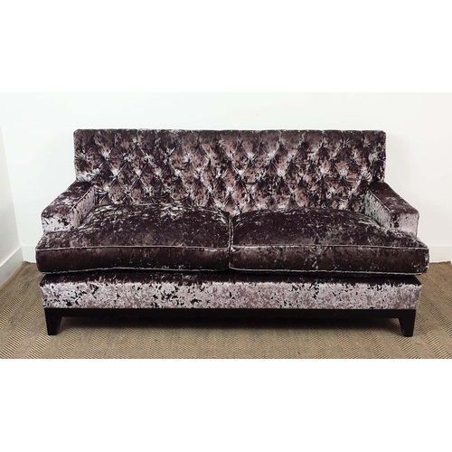 327 - SOFA, button back velvet upholstered, ebonised base, 184cm W.