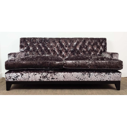 327 - SOFA, button back velvet upholstered, ebonised base, 184cm W.