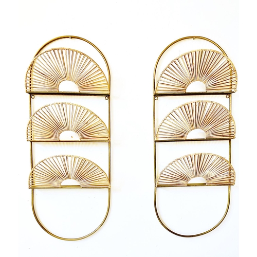 341 - WALL HANGING MAGAZINE HOLDERS, gilt metal, 94cm H x 36cm x 13cm. (2)