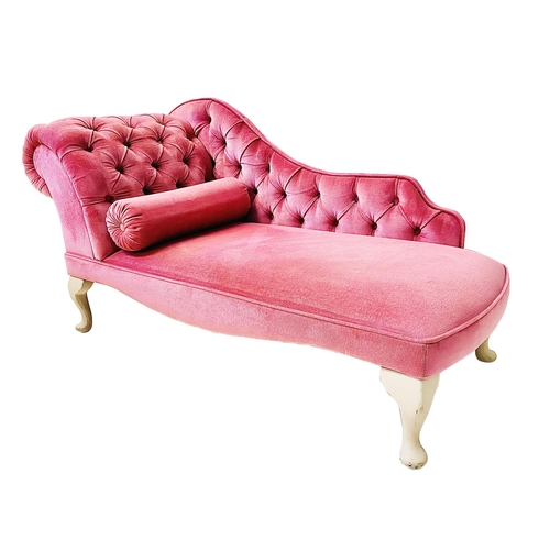 343 - CHAISE LONGUE, pink buttoned back upholstery with bolster cushion, 140cm L x 74cm H x 58cm W