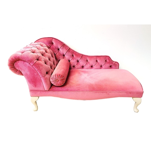 343 - CHAISE LONGUE, pink buttoned back upholstery with bolster cushion, 140cm L x 74cm H x 58cm W