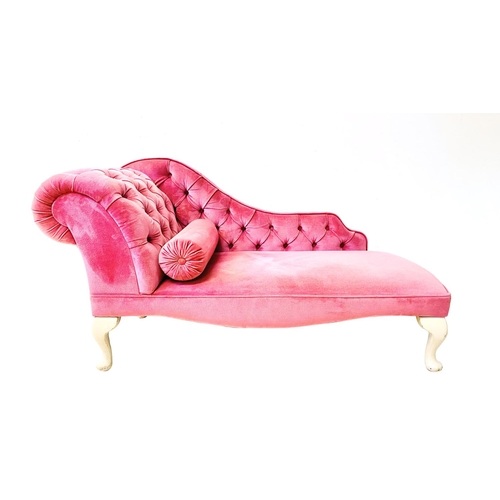 343 - CHAISE LONGUE, pink buttoned back upholstery with bolster cushion, 140cm L x 74cm H x 58cm W