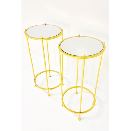 344 - SIDE TABLES, a pair, gilt metal with circular mirrored glass tops, 60cm H x 27cm W (2)