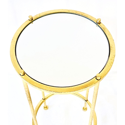 344 - SIDE TABLES, a pair, gilt metal with circular mirrored glass tops, 60cm H x 27cm W (2)