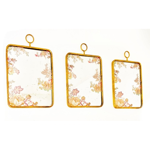 346 - WALL MIRRORS, a set of three, floral decorated plates with gilt metal frames, 64cm H x 40cm. (3)