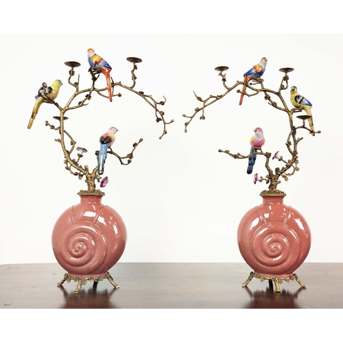 352 - CANDELABRAS, a pair, ceramic shell and bird design gilt mounts, 65cm H x 36cm. (2)