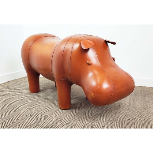 355 - LARGE HIPPO FOOTSTOOL, tan leather, 75cm H x 150cm x 53cm.