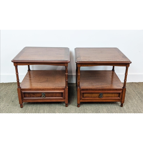 358 - SIDE TABLES, a pair, Victorian style walnut with under tier drawer, 49cm H x 51cm x 51cm. (2)