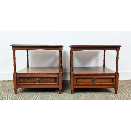 358 - SIDE TABLES, a pair, Victorian style walnut with under tier drawer, 49cm H x 51cm x 51cm. (2)