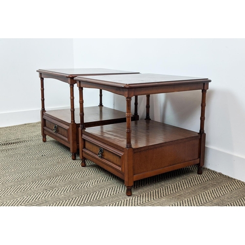 358 - SIDE TABLES, a pair, Victorian style walnut with under tier drawer, 49cm H x 51cm x 51cm. (2)