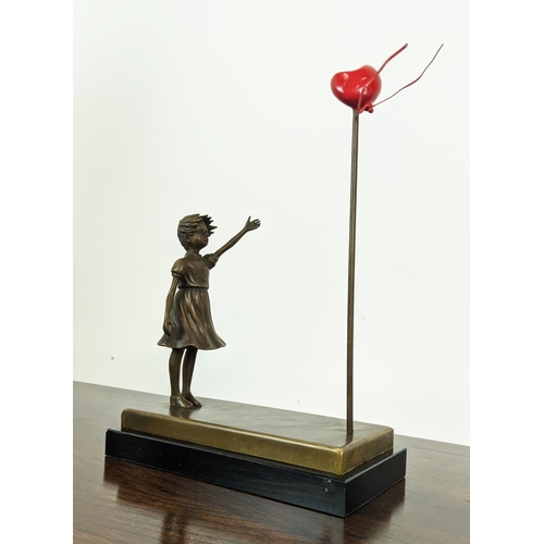 361 - CONTEMPORARY SCHOOL SCULPTURE, girl with heart balloon, 41cm H x 30cm x 16cm.