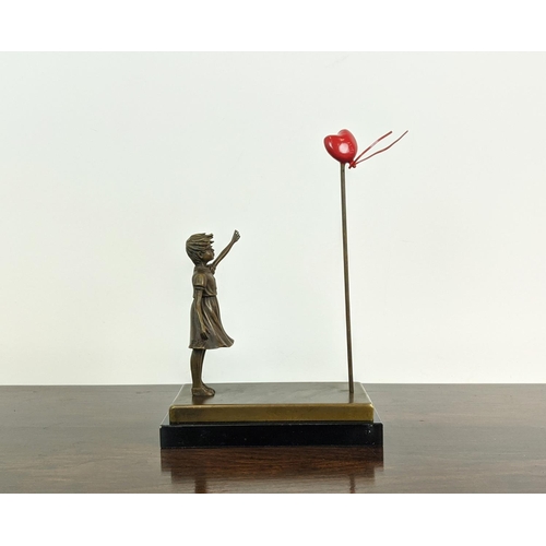 361 - CONTEMPORARY SCHOOL SCULPTURE, girl with heart balloon, 41cm H x 30cm x 16cm.