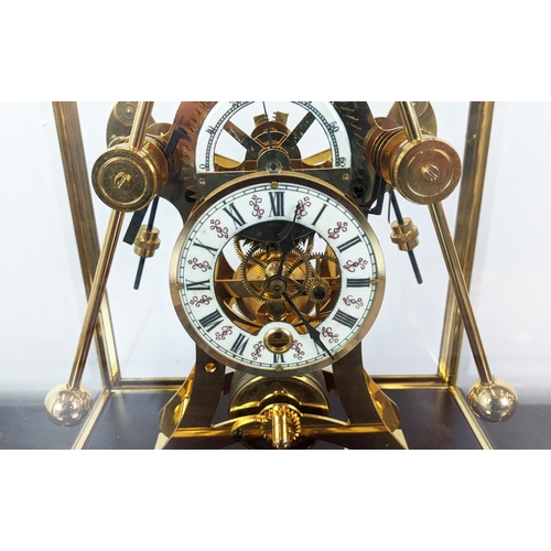 363 - SKELETON CLOCK, gilt metal in a glazed case, 55cm H x 33cm x 22cm.