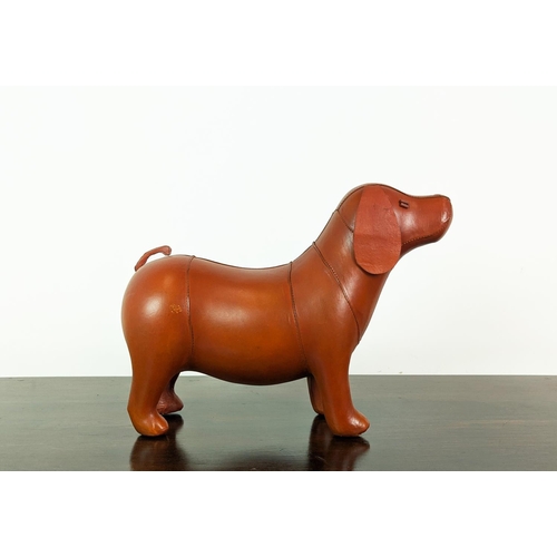 364 - DOG FOOTSTOOL, tan leather, 40cm H x 54cm x 23cm.