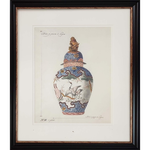 366 - CONTEMPORARY SCHOOL PRINTS, a set of two, Japanese vases, framed, 75cm H x 65cm. (2)