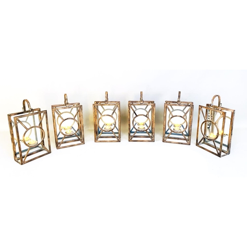 374 - WALL LANTERNS, a set of six, Art Deco style with mirrored backs, 43cm H x 22cm x 11cm. (6)