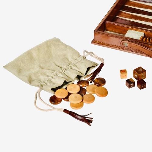 377 - BACKGAMMON SET, tan leathered case, 23cm x 40cm x 7cm H.