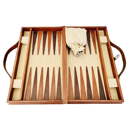 377 - BACKGAMMON SET, tan leathered case, 23cm x 40cm x 7cm H.