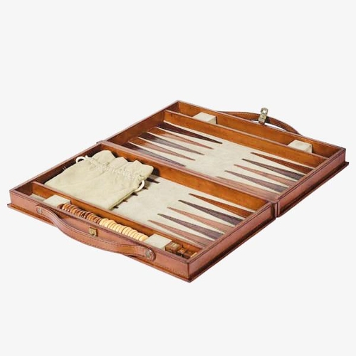 377 - BACKGAMMON SET, tan leathered case, 23cm x 40cm x 7cm H.