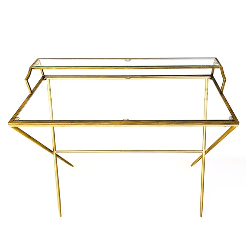 379 - DESK, 1960's French style, gilt metal with a glass top, 87cm H x 95cm x 42cm.