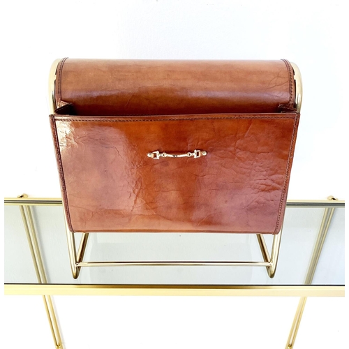 380 - READING RACK, tan leather and gilt metal, 39cm H x 38cm x 20cm.