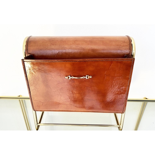 380 - READING RACK, tan leather and gilt metal, 39cm H x 38cm x 20cm.