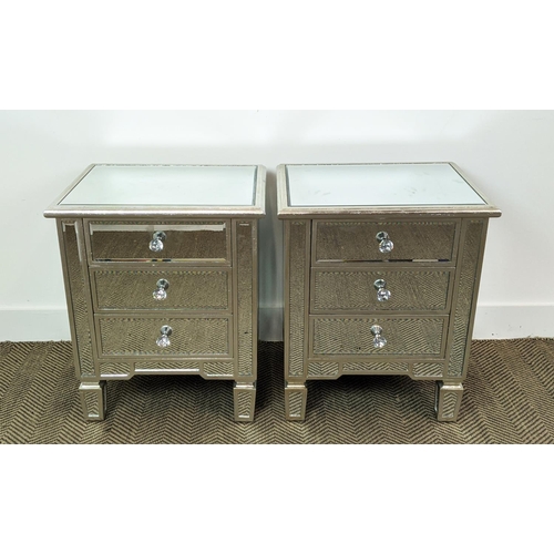 386 - MIRRORED CHESTS, a pair, Venetian style each with three drawers each, 60cm H x 50cm W x 40cm D. (2)