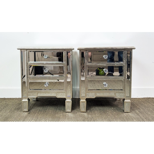 386 - MIRRORED CHESTS, a pair, Venetian style each with three drawers each, 60cm H x 50cm W x 40cm D. (2)