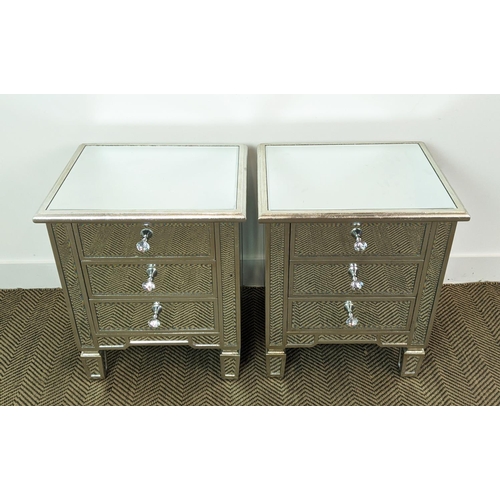 386 - MIRRORED CHESTS, a pair, Venetian style each with three drawers each, 60cm H x 50cm W x 40cm D. (2)