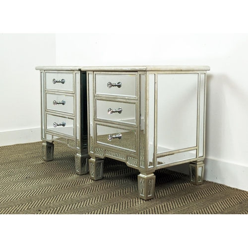 386 - MIRRORED CHESTS, a pair, Venetian style each with three drawers each, 60cm H x 50cm W x 40cm D. (2)