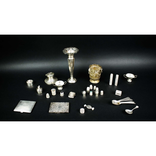 4 - COLLECTION OF SILVERWARE, comprising cigarette cases, vase twin handles cup, ink well, thimbles, min... 