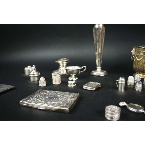 4 - COLLECTION OF SILVERWARE, comprising cigarette cases, vase twin handles cup, ink well, thimbles, min... 