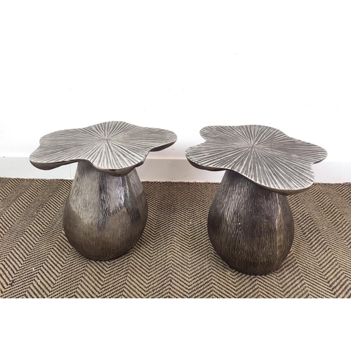 404 - SIDE TABLES, a pair, silvered metal toadstool design, 39cm x 50cm x 45cm. (2)