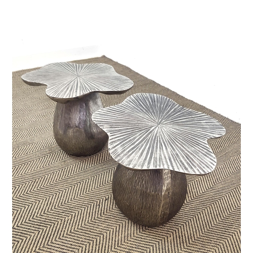 404 - SIDE TABLES, a pair, silvered metal toadstool design, 39cm x 50cm x 45cm. (2)