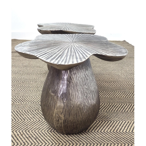 404 - SIDE TABLES, a pair, silvered metal toadstool design, 39cm x 50cm x 45cm. (2)