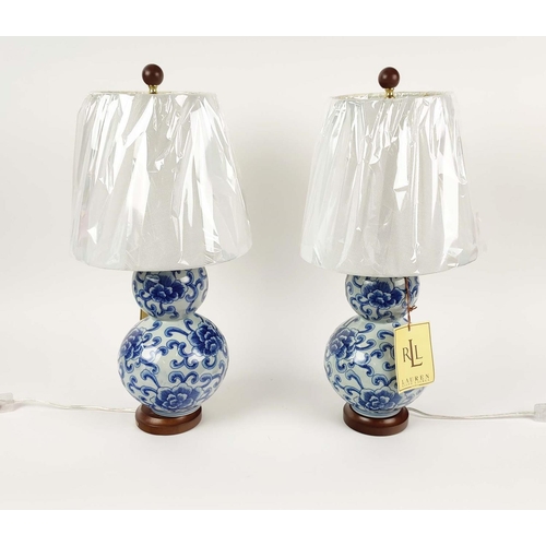 408 - LAUREN RALPH LAUREN HOME TABLE LAMPS, a pair, blue and white glazed ceramic, with shades, 53cm H. (2... 