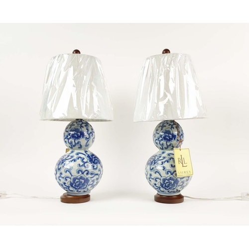 408 - LAUREN RALPH LAUREN HOME TABLE LAMPS, a pair, blue and white glazed ceramic, with shades, 53cm H. (2... 