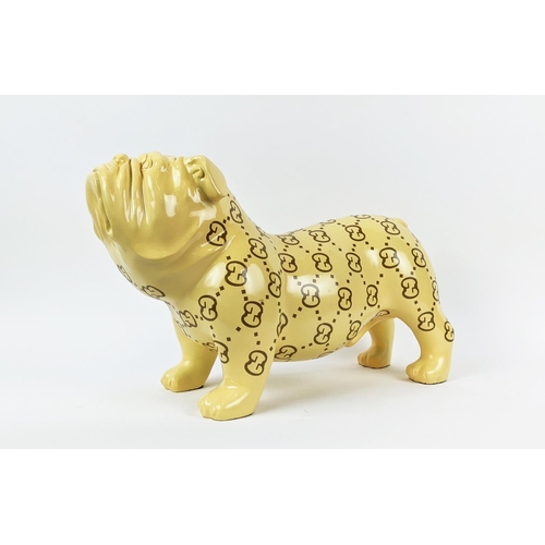 419 - CONTEMPORARY SCHOOL SCULPTURAL BULLDOG, with patterned design, 48cm L.