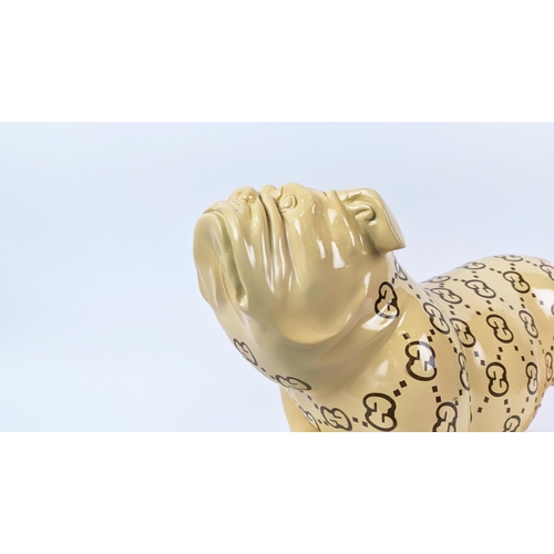 419 - CONTEMPORARY SCHOOL SCULPTURAL BULLDOG, with patterned design, 48cm L.