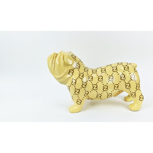 419 - CONTEMPORARY SCHOOL SCULPTURAL BULLDOG, with patterned design, 48cm L.