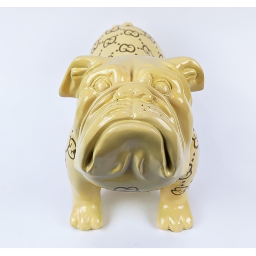 419 - CONTEMPORARY SCHOOL SCULPTURAL BULLDOG, with patterned design, 48cm L.