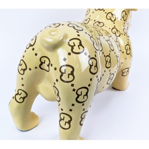 419 - CONTEMPORARY SCHOOL SCULPTURAL BULLDOG, with patterned design, 48cm L.