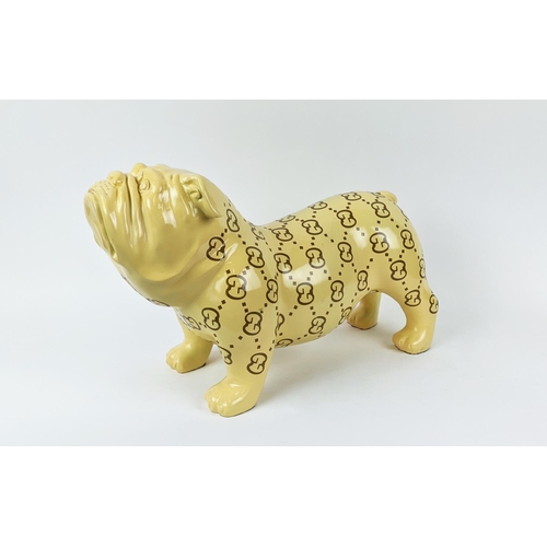 419 - CONTEMPORARY SCHOOL SCULPTURAL BULLDOG, with patterned design, 48cm L.