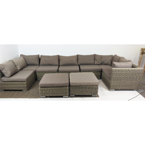 423 - GARDEN LOUNGE SET, including corner sofa, 325cm x 325cm x 81cm approx., and two ottomans.